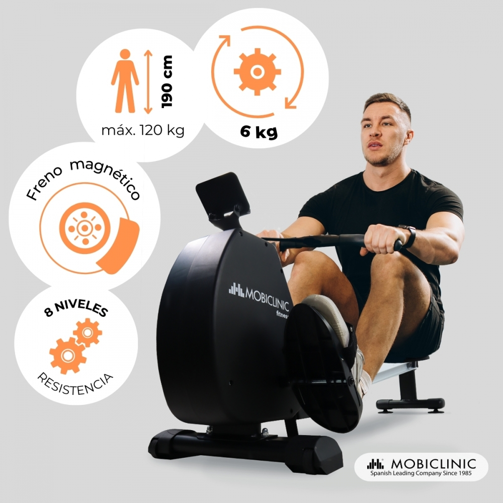 Un hombre usa una máquina de remo negra. Especificaciones: max 120 kg, 190 cm altura, volante 6 kg, freno magnético y 8 niveles de resistencia.