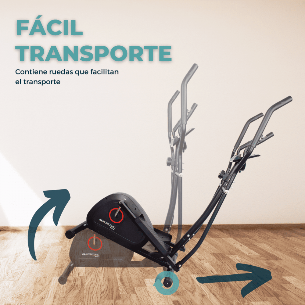 Una bicicleta estática con ruedas para facilitar el transporte, con una flecha que apunta a la rueda. El texto dice 'Fácil transporte'.