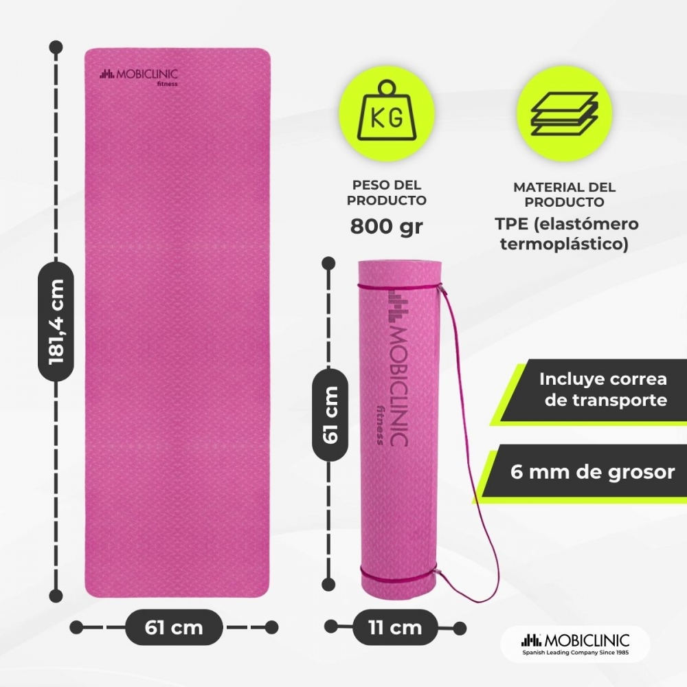 Una esterilla de yoga rosa, enrollada y desenrollada, con dimensiones e información del producto, incluido el peso y el material.