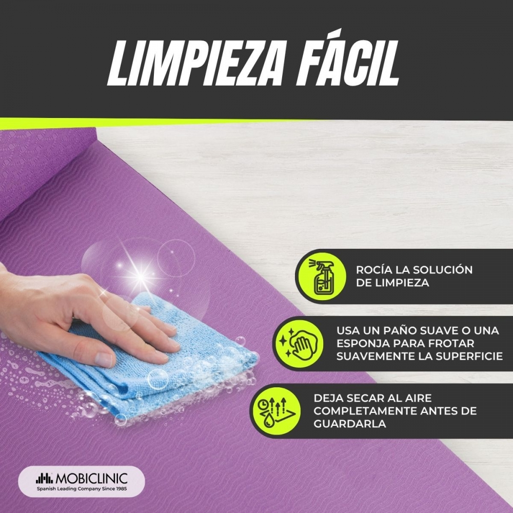 Mano limpiando una esterilla morada con un paño azul. El texto dice 'Limpieza fácil' con pasos de limpieza.