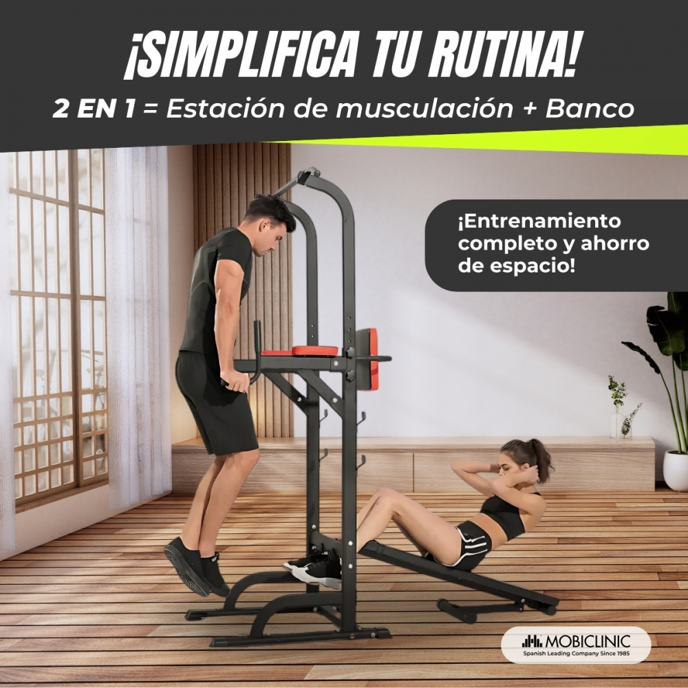 Un hombre hace flexiones en una estación, una mujer hace abdominales en un banco inclinado. Texto: Simplifica tu rutina, 2 en 1.