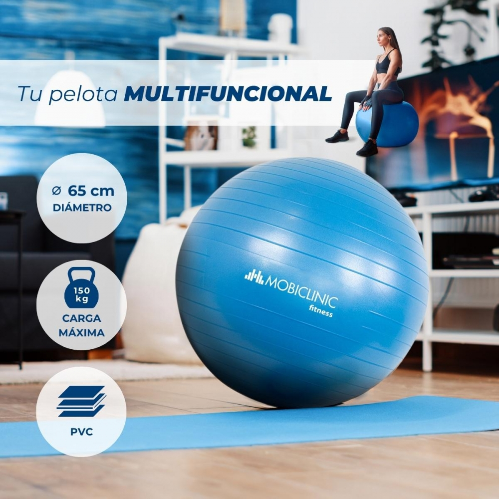 Una mujer sentada en una pelota azul de ejercicios. Una gran pelota azul en primer plano. Texto: Pelota multifuncional, diámetro 65cm, carga máxima 150 kg.