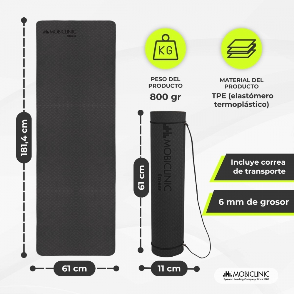 Esterilla de fitness negra Mobclinic, enrollada y desenrollada. Incluye especificaciones: 181,4 cm x 61 cm, 6 mm grosor, 800 g peso, material TPE, correa.