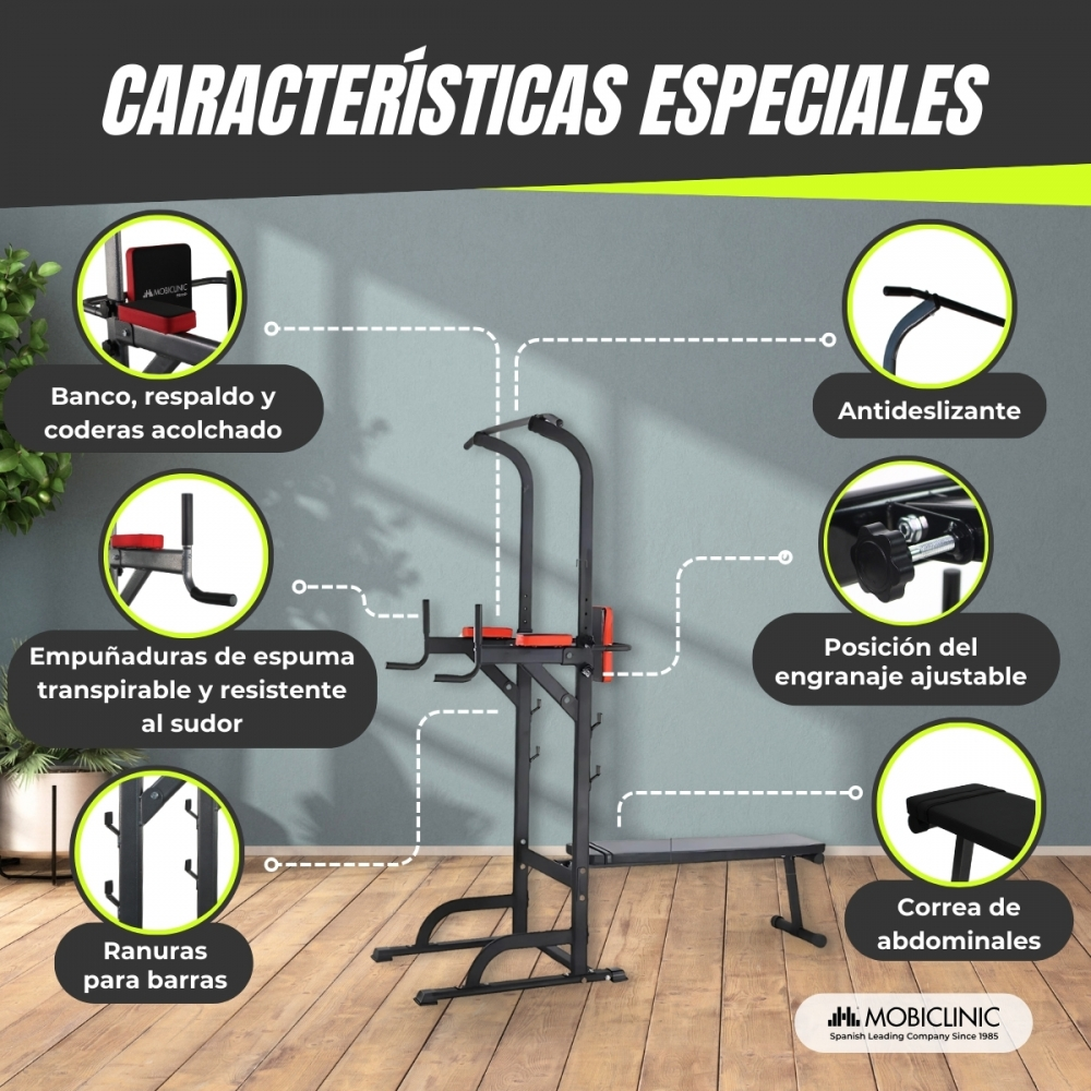 Una máquina de ejercicios con características como banco acolchado, agarres resistentes al sudor y posición de engranaje ajustable.