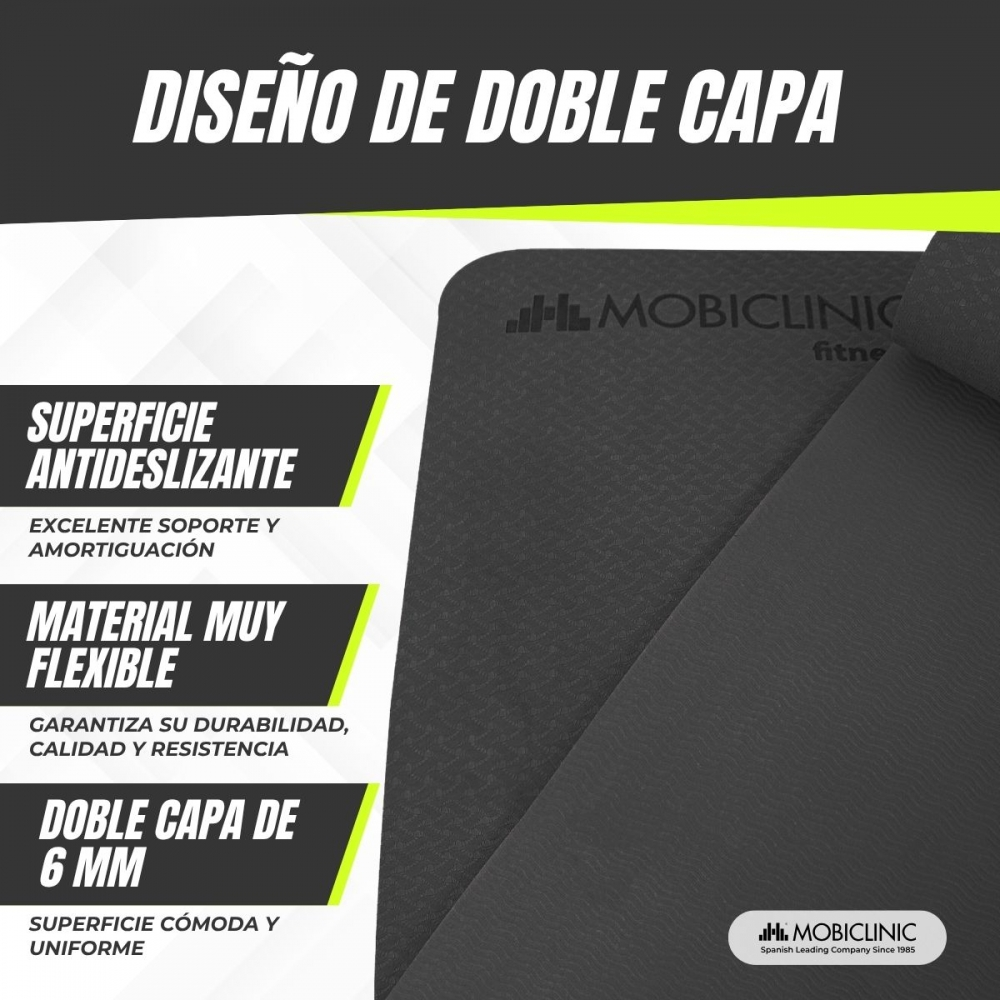 Esterilla negra con texto: diseño de doble capa, superficie antideslizante, material flexible, doble capa de 6 mm. Logo Mobidiclinic.