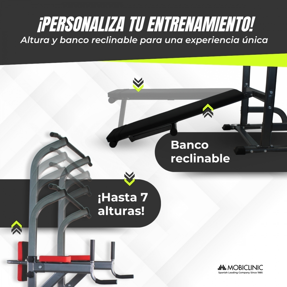 La imagen muestra un banco de ejercicios con altura ajustable y un banco reclinable. El texto destaca la personalización para una experiencia única.