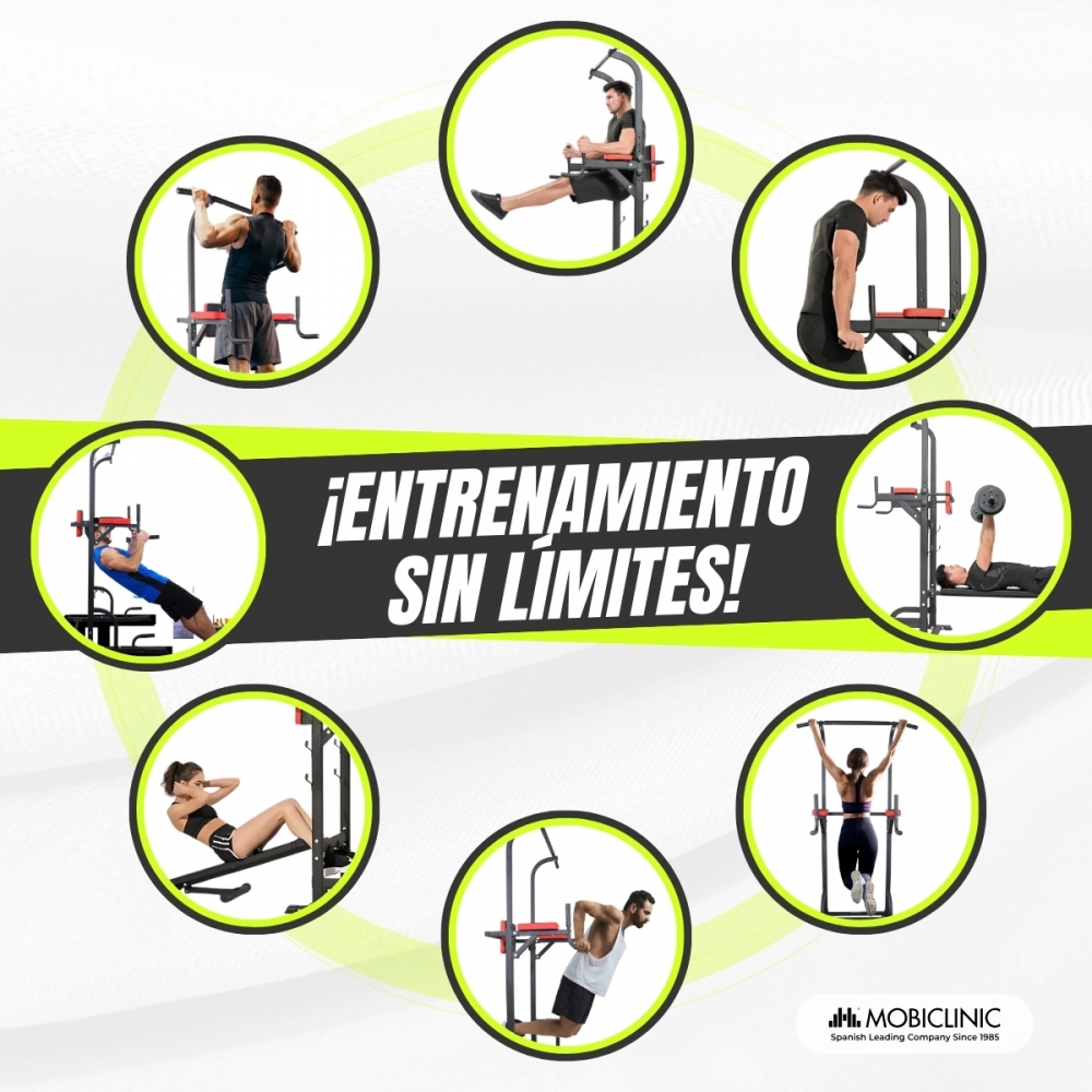 Producto de equipamiento de fitness. Hombres y mujeres haciendo ejercicios. Texto: Entrenamiento sin límites! (¡Entrenamiento sin límites!)