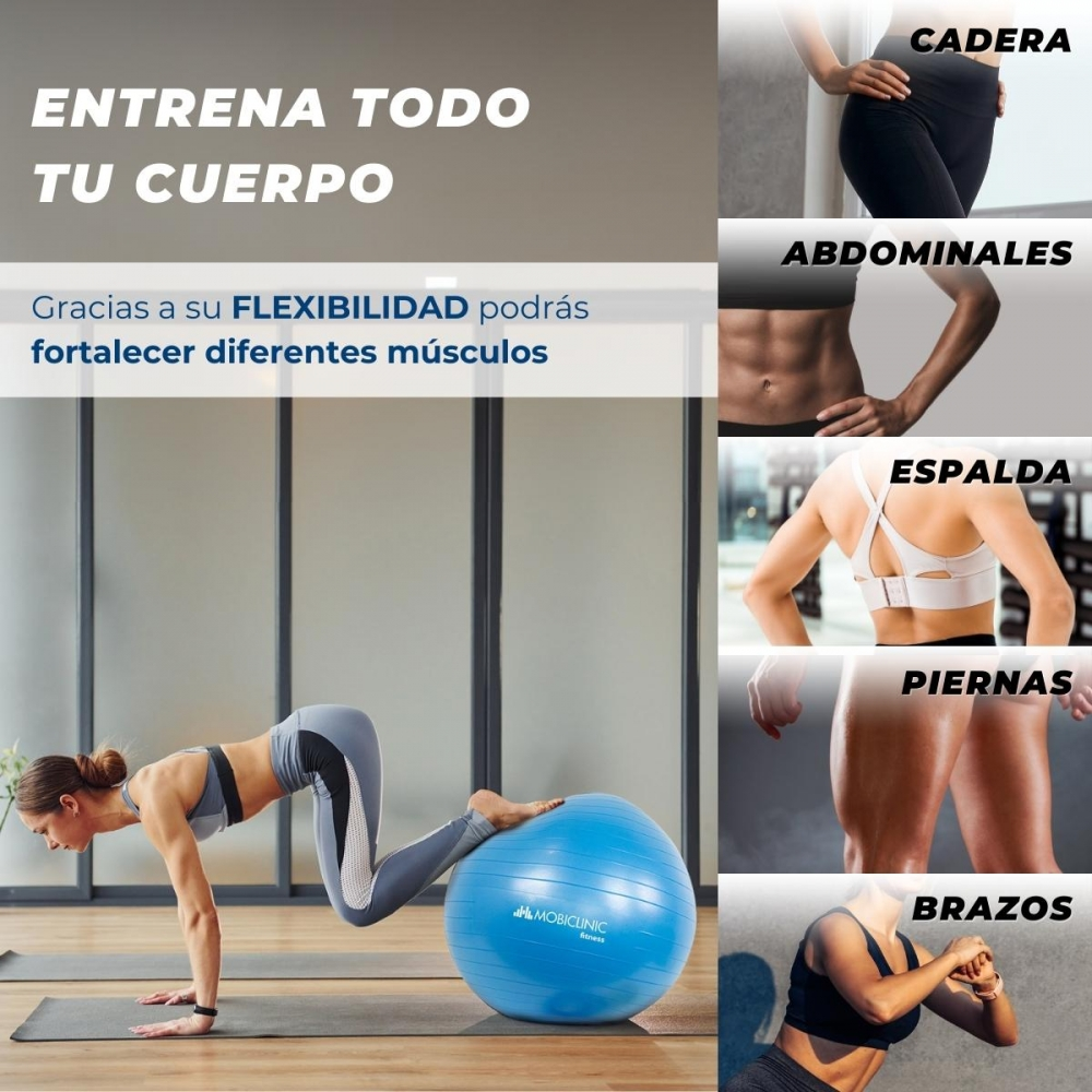 Mujer haciendo ejercicio con pelota azul. Texto: Entrena todo tu cuerpo. Gracias a tu flexibilidad puedes fortalecer diferentes músculos.
