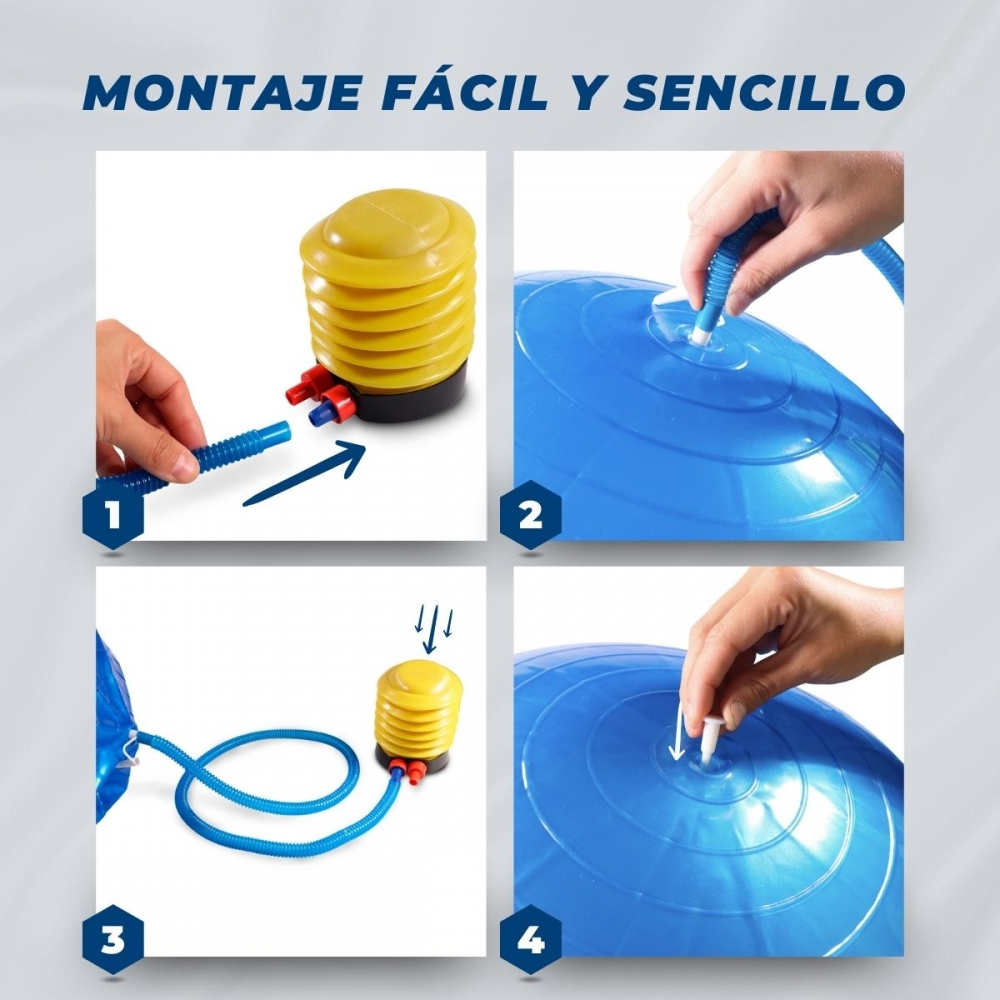 Guía de cuatro pasos: conectar la bomba a la pelota de ejercicio azul. Muestra bomba, manguera y pelota, fácil montaje.