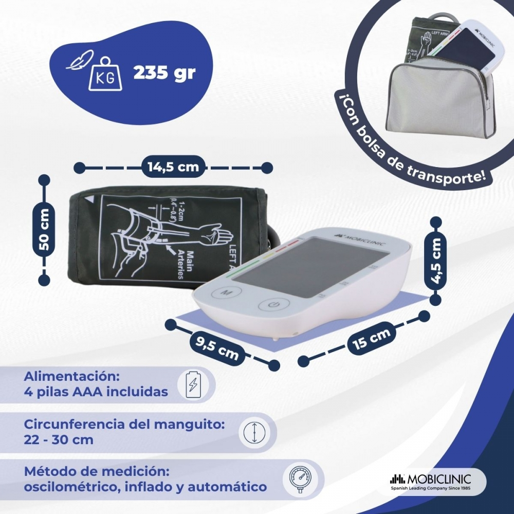 Un monitor de presión arterial con manguito y pantalla digital. Muestra dimensiones, peso e incluye una bolsa de transporte.