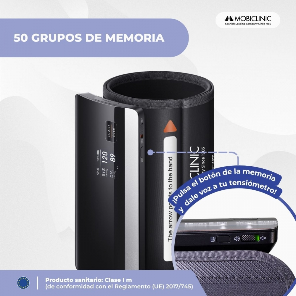 Un monitor de presión arterial con pantalla digital que muestra lecturas. El texto describe cómo usar el botón de memoria para escuchar el dispositivo.