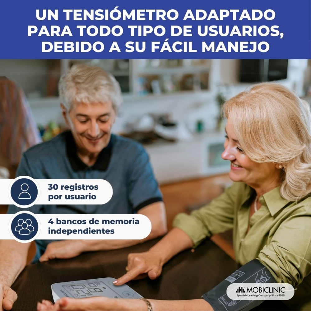 Dos personas usando un monitor de presión arterial. Una usa el brazalete, y la otra presiona un botón. Hay texto en español.