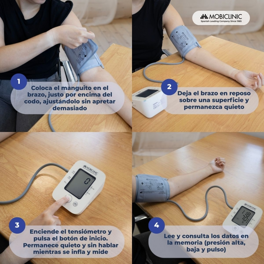 Pasos para medir la presión arterial: aplicar el manguito, descansar el brazo, encender el dispositivo y leer los resultados. Instrucciones numeradas.