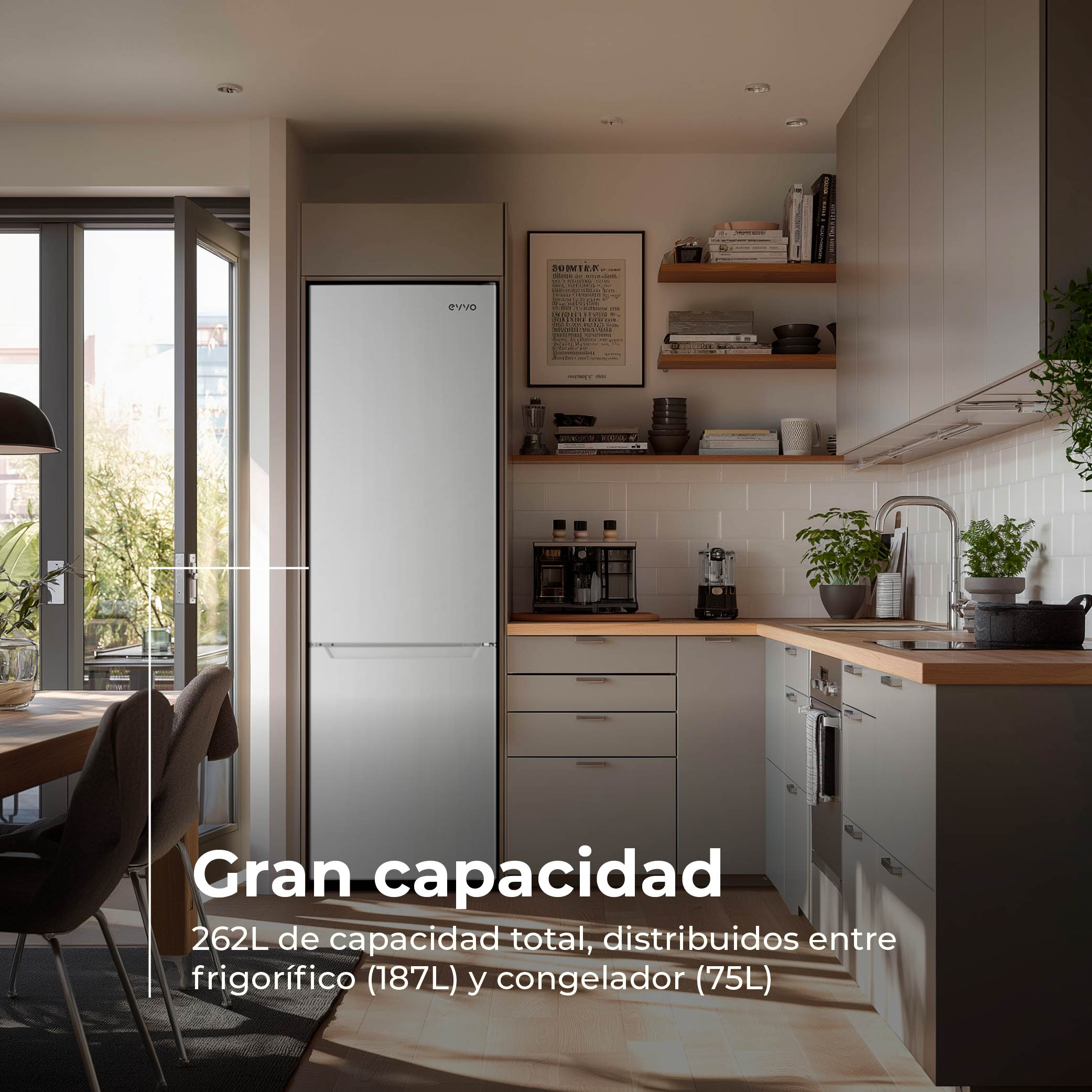 Cocina con nevera, encimera de madera, plantas, y texto 'Gran capacidad' con detalles de capacidad.