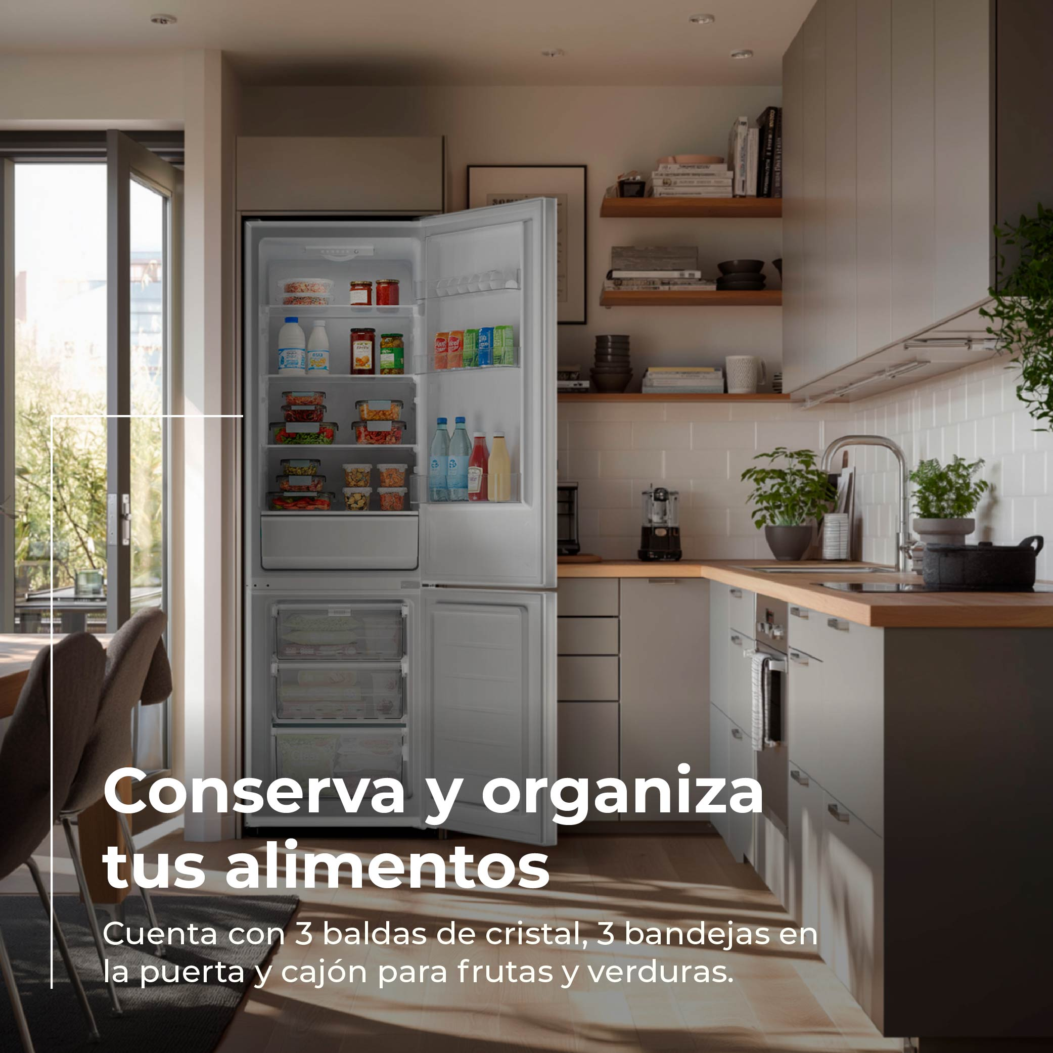 Una puerta de nevera está abierta, mostrando comida dentro. La escena es una cocina moderna con un fregadero y armarios.