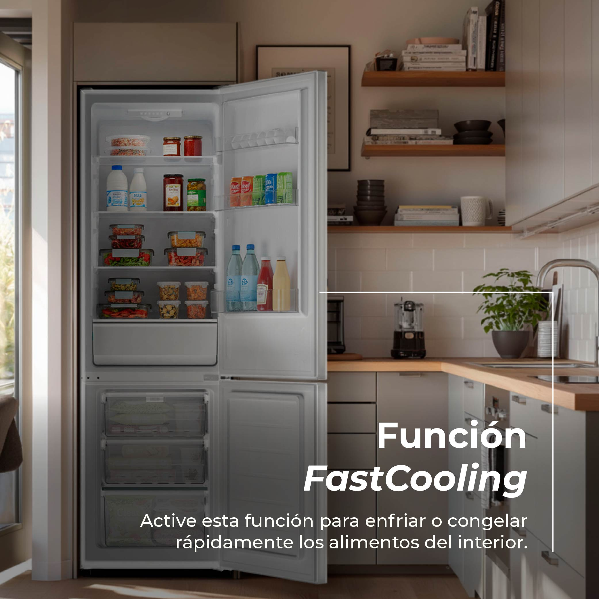 Un refrigerador con las puertas abiertas, mostrando alimentos en el interior. Estantes y encimeras de cocina visibles al fondo.
