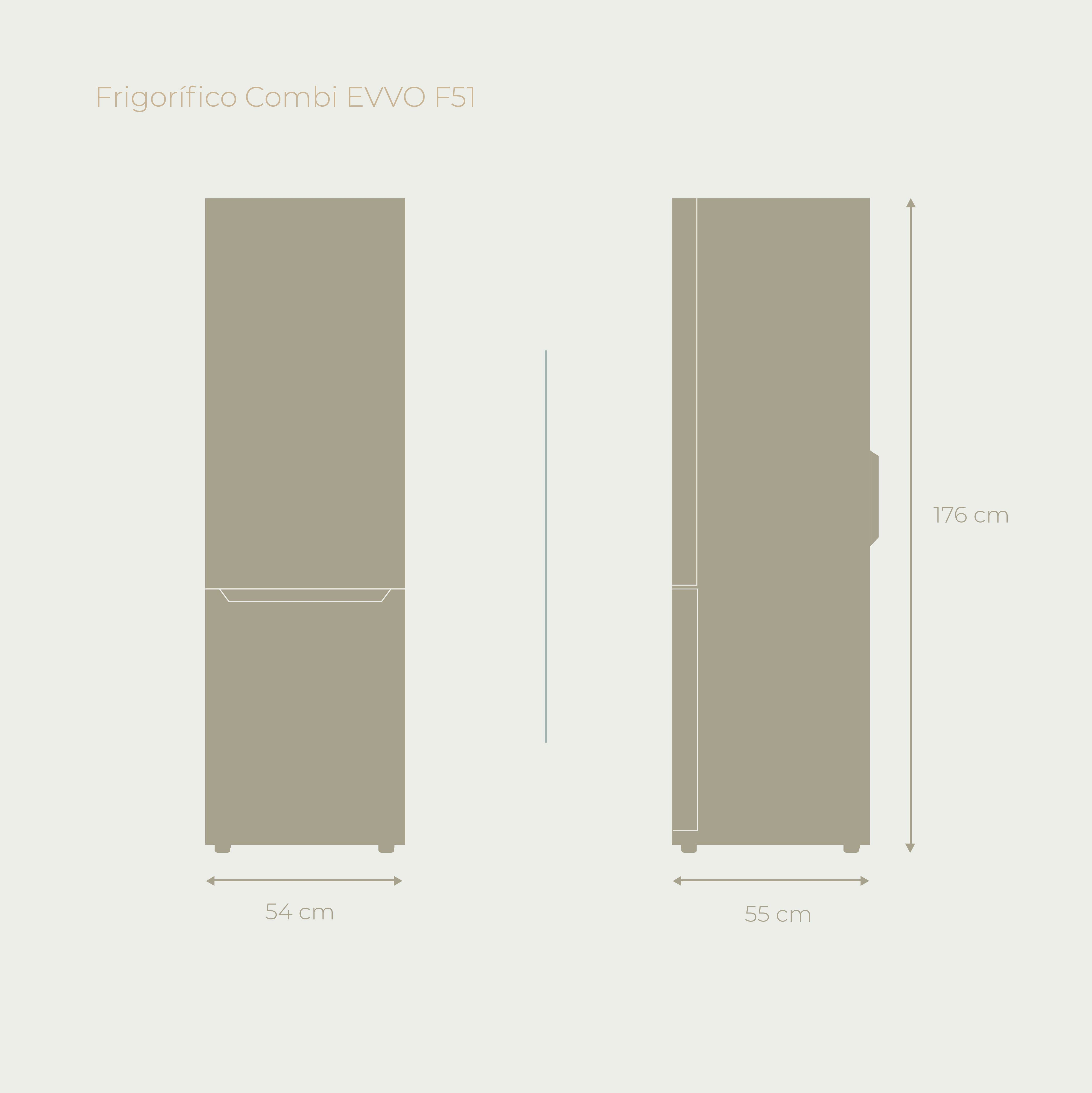 Diagrama de un refrigerador beige con dimensiones. La altura es de 176 cm. El ancho es de 54 cm y 55 cm.