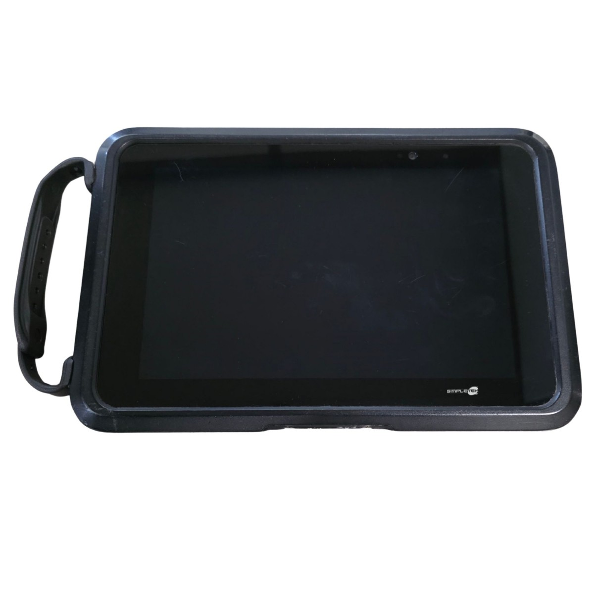 Tablet nero con maniglia sul lato sinistro. Lo schermo è scuro e il tablet ha una custodia protettiva nera.
