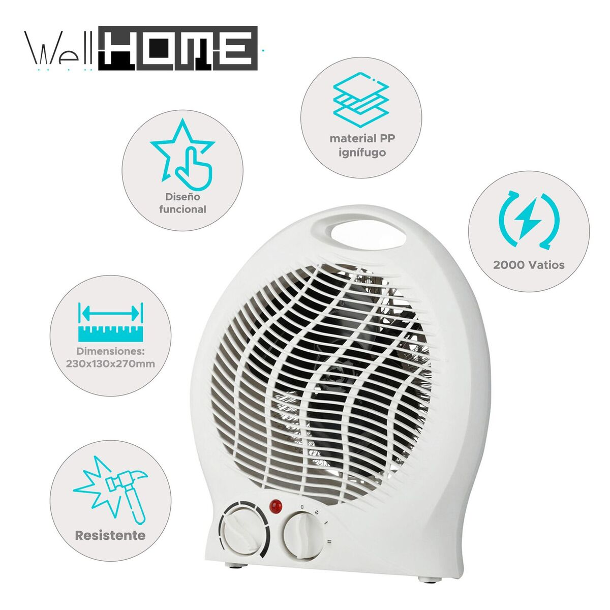 Un calefactor eléctrico blanco con ventilador. Tiene perillas de control e iconos que describen funciones como potencia y dimensiones.