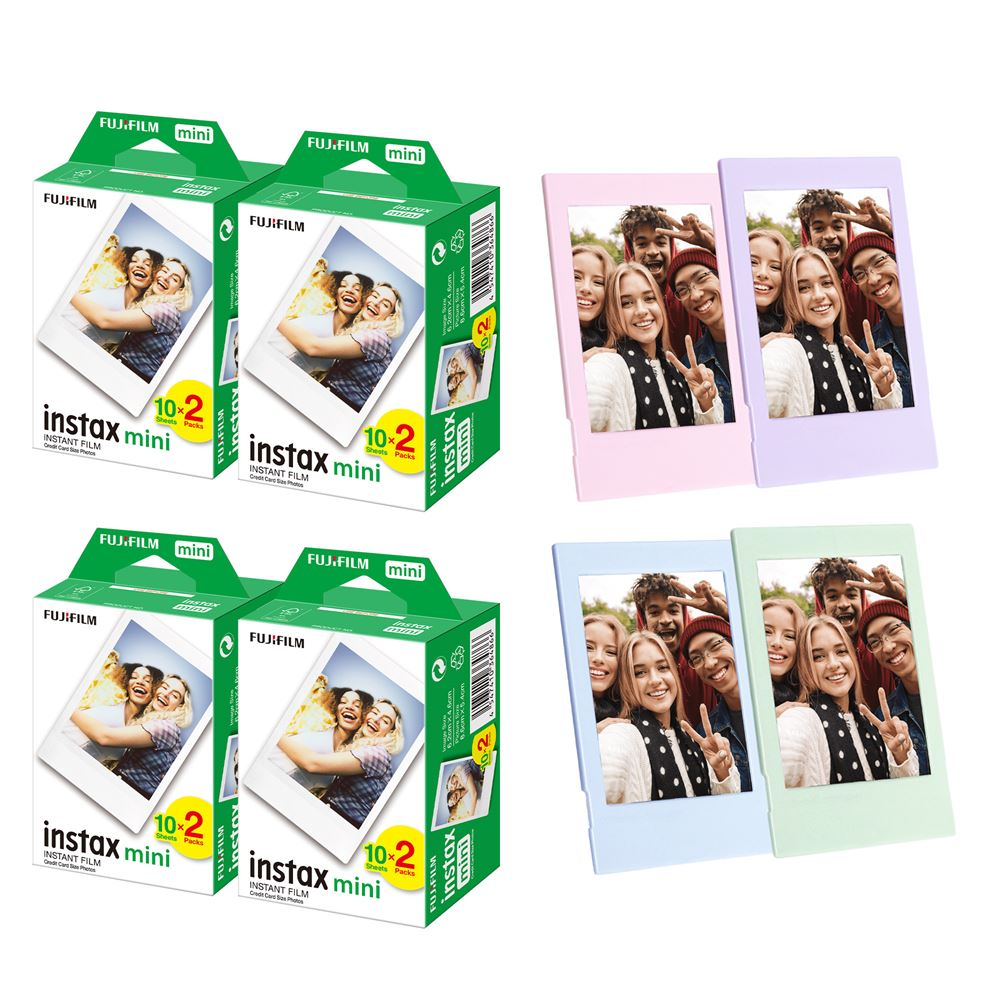 Görüntüde Fujifilm Instax Mini film paketleri ve gülen gençlerin basılı fotoğrafları, çeşitli pastel çerçeveler içinde gösteriliyor.