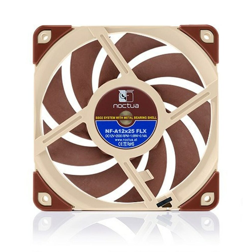 Una ventola per computer con pale marroni, una cornice beige e supporti angolari marroni. Il centro ha un'etichetta con testo e il logo Noctua.