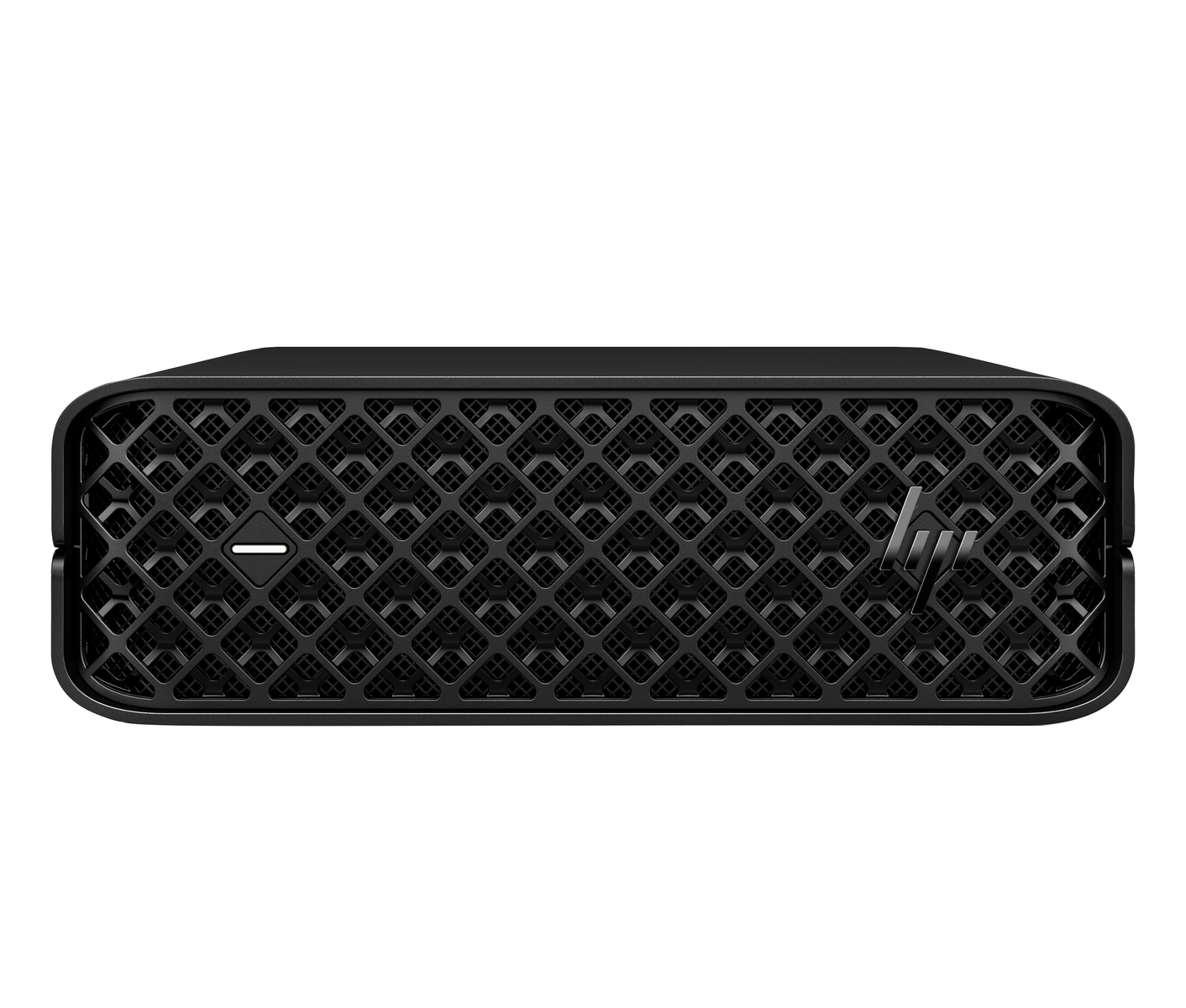 Czarny komputer HP. Ma wzorzysty przód z logo HP po prawej stronie. Mała biała linia znajduje się na środku.