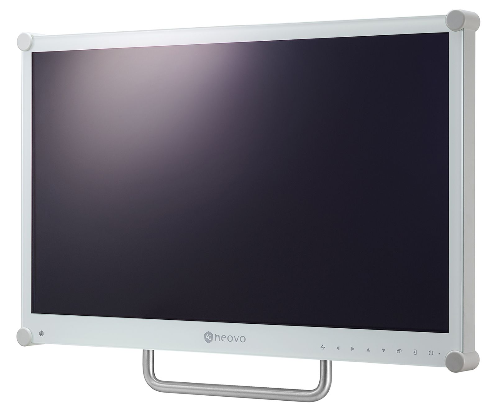 Un monitor bianco con schermo nero, maniglia argentata e pulsanti grigi. Lo schermo è incorniciato in bianco e argento.