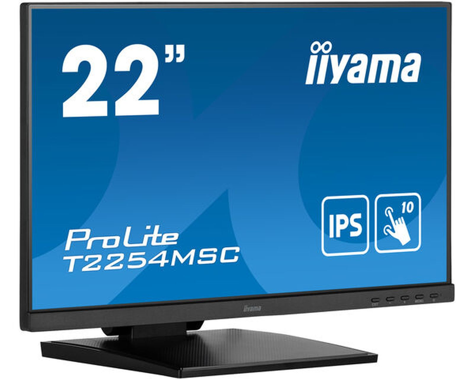 Monitor iiyama ProLite da 22". Schermo blu con testo e icone bianche. Cornice e supporto neri.
