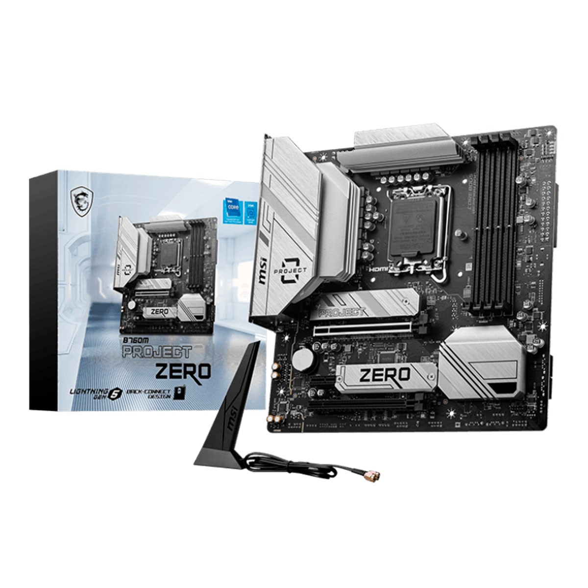 Ein Computer-Motherboard mit schwarzem und silbernem Design, eine Box und eine Antenne.