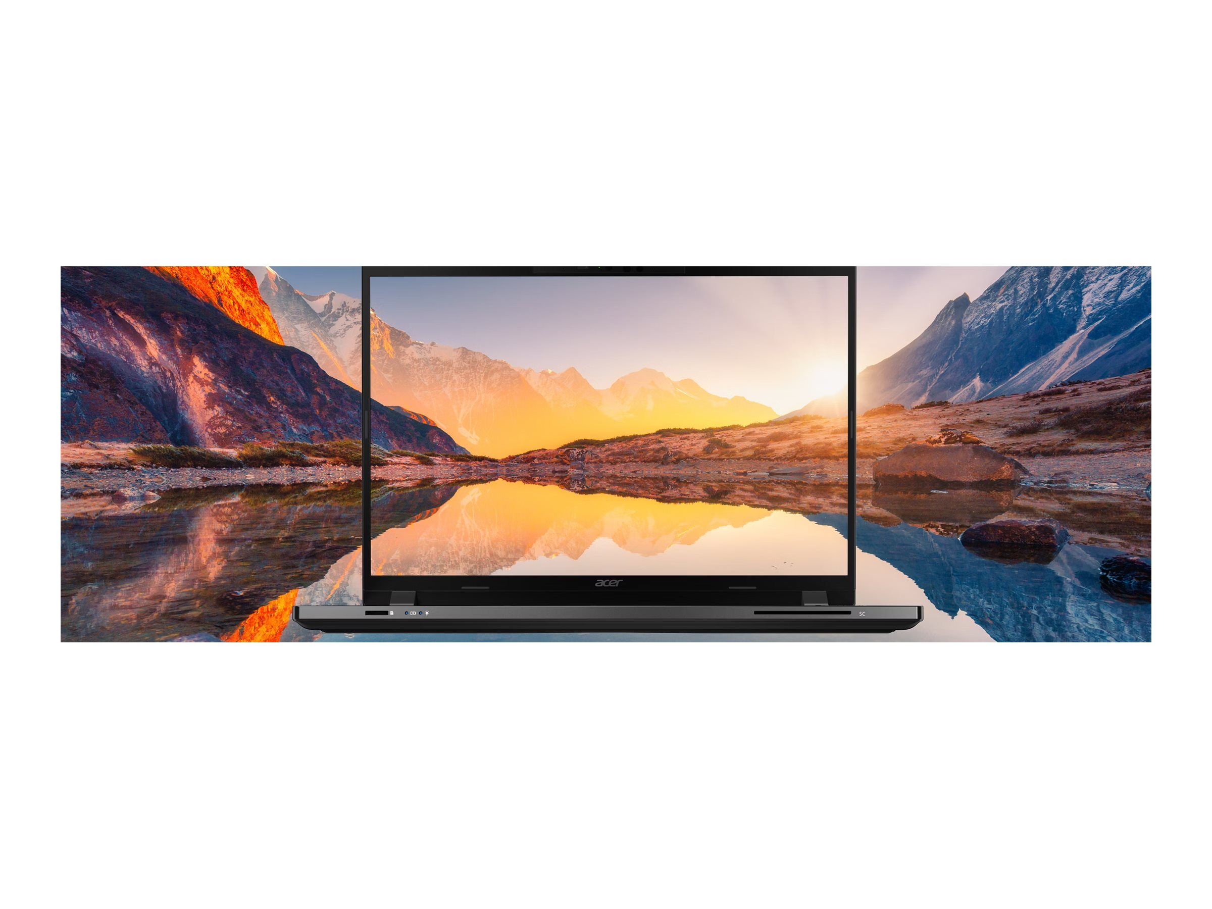 Laptop wyświetla zachód słońca w górach. Góry odbijają się w wodzie. Logo Acer na laptopie.
