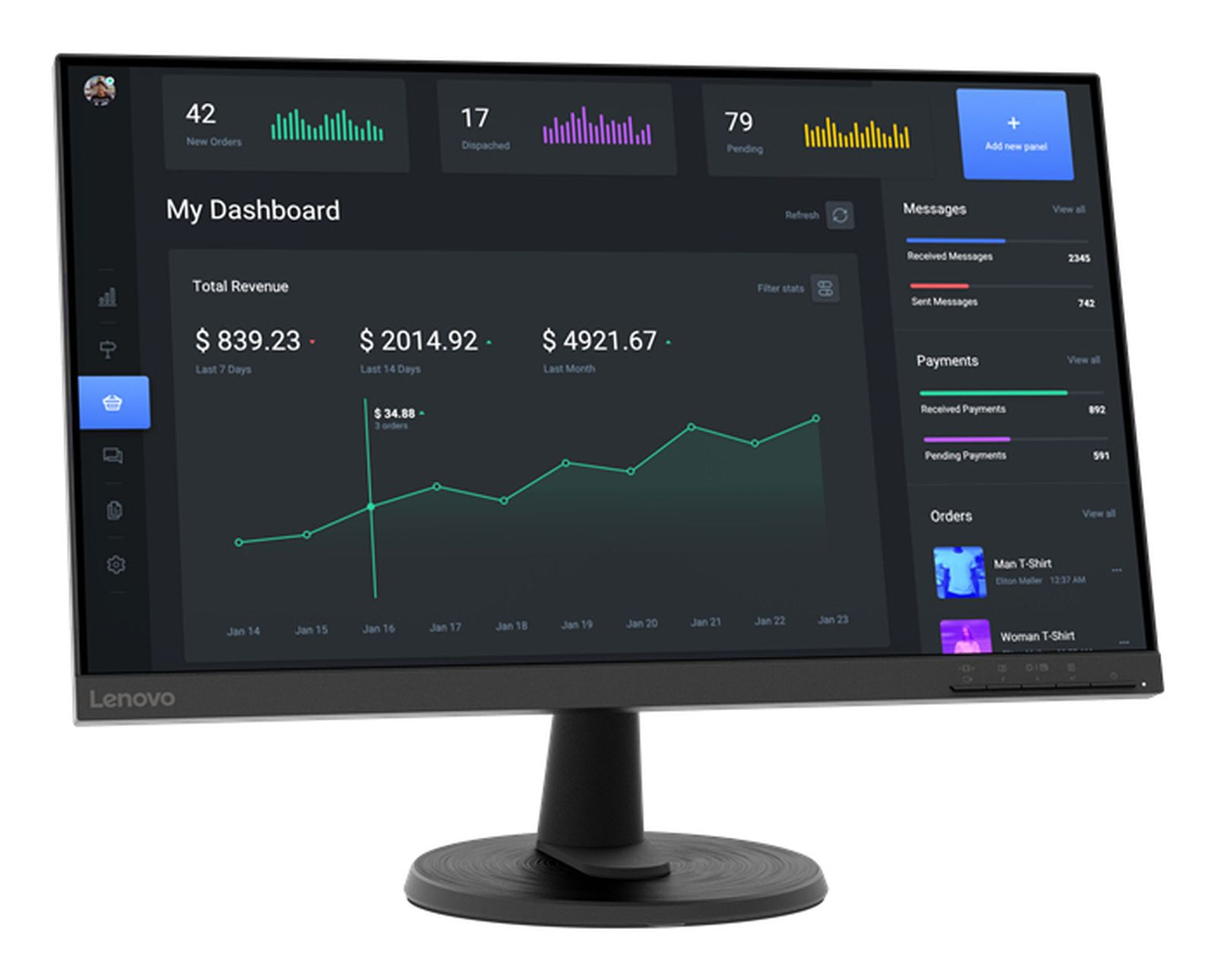 Ein Lenovo-Monitor zeigt ein Dashboard mit Finanzdaten und Bestelldetails. Diagramme und Grafiken zeigen Umsatz und Bestellstatus.