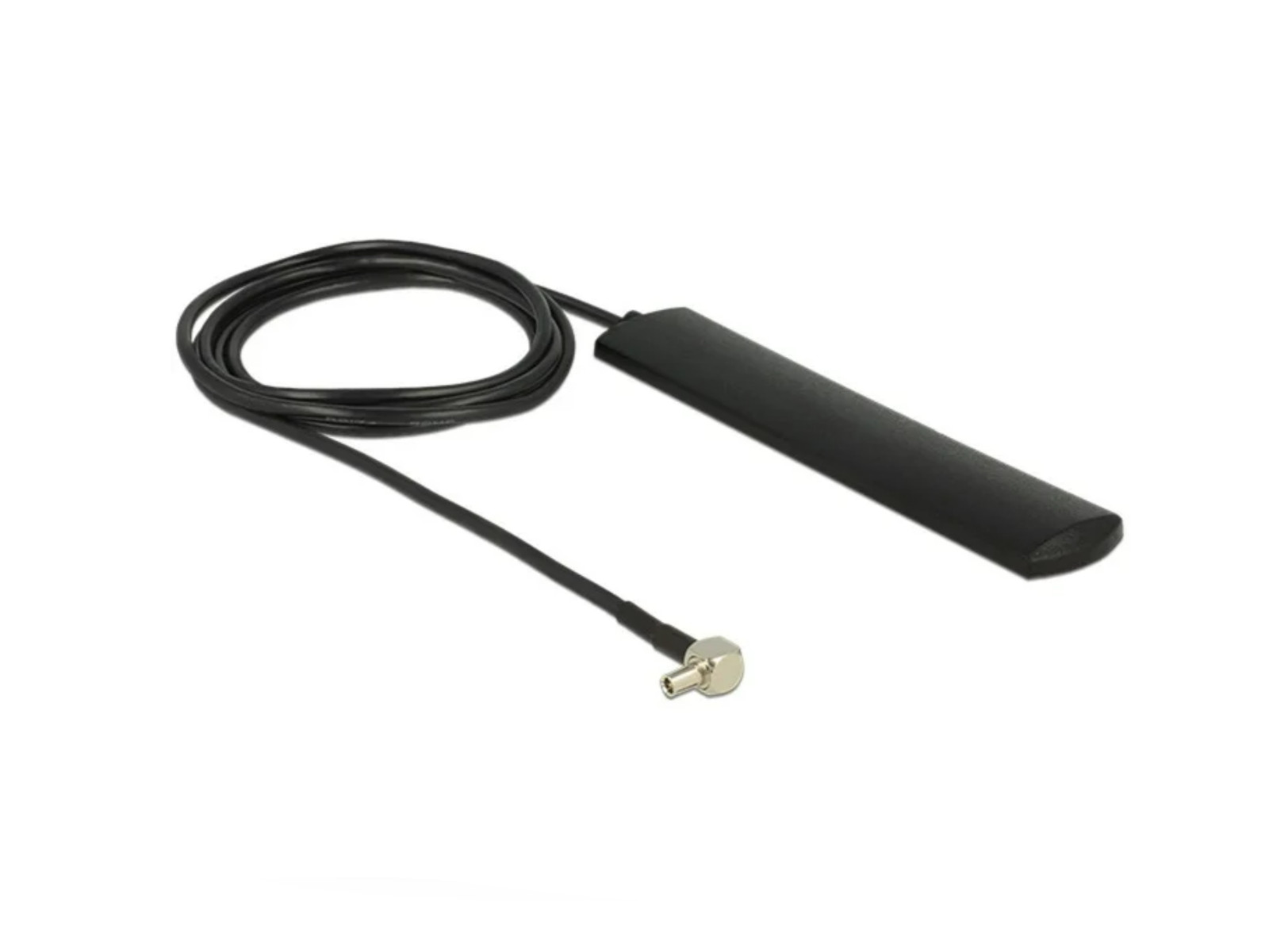 Eine schwarze Antenne mit Kabel, das Kabel ist aufgerollt. Die Antenne ist rechteckig und der Stecker ist silberfarben.