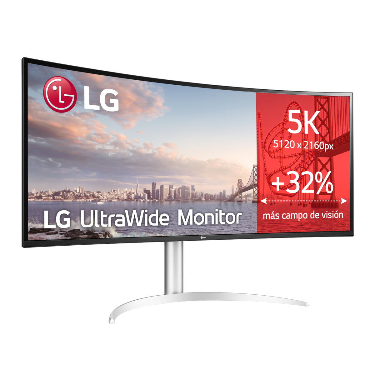 Gebogener LG UltraWide Monitor mit Stadtlandschaft. Bietet 5K Auflösung, +32% breitere Sicht und LG Logo.