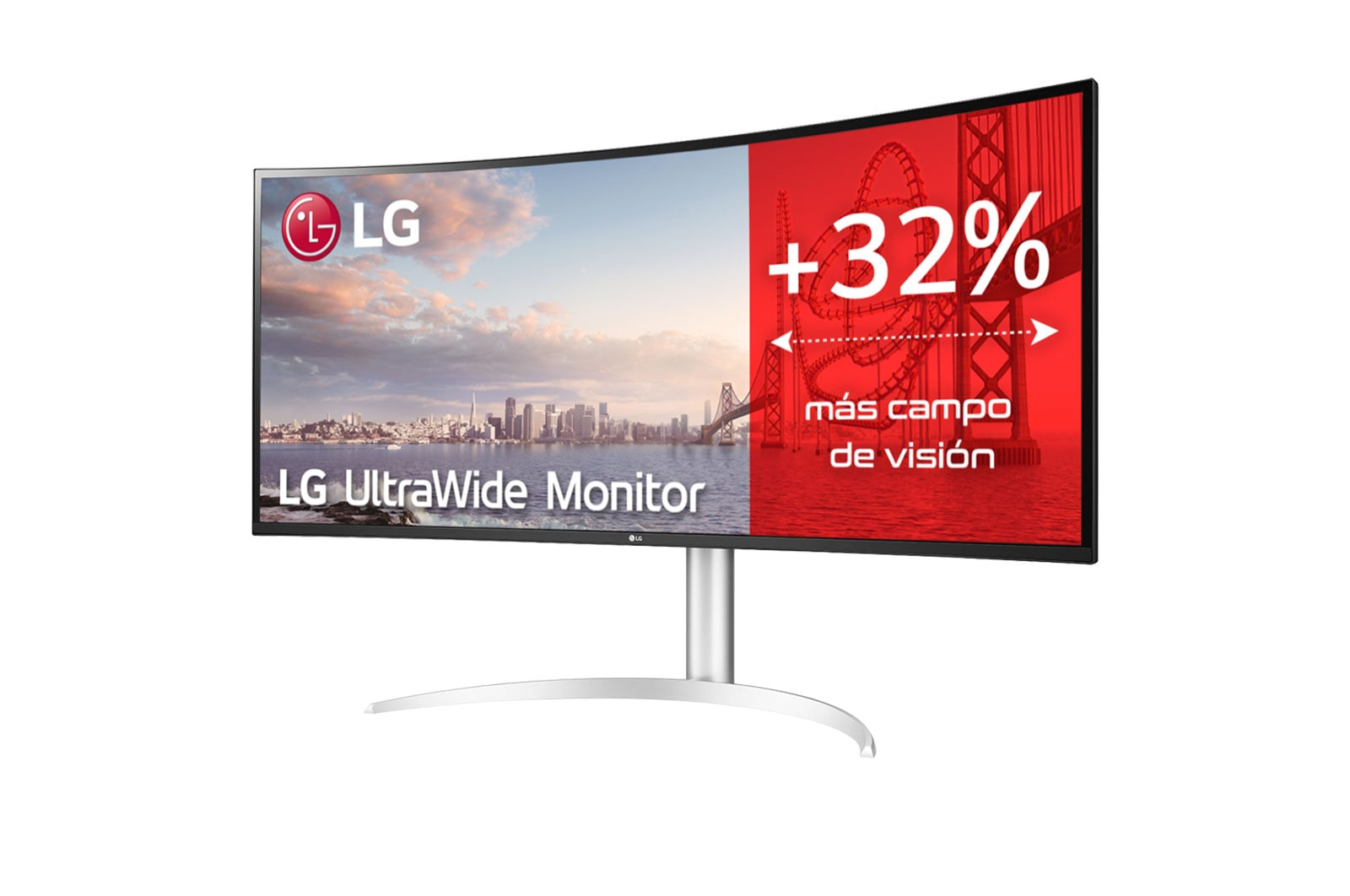 Gebogener LG UltraWide Monitor. Das Display zeigt eine Stadt, eine Brücke und einen roten Abschnitt mit Text und Grafiken.