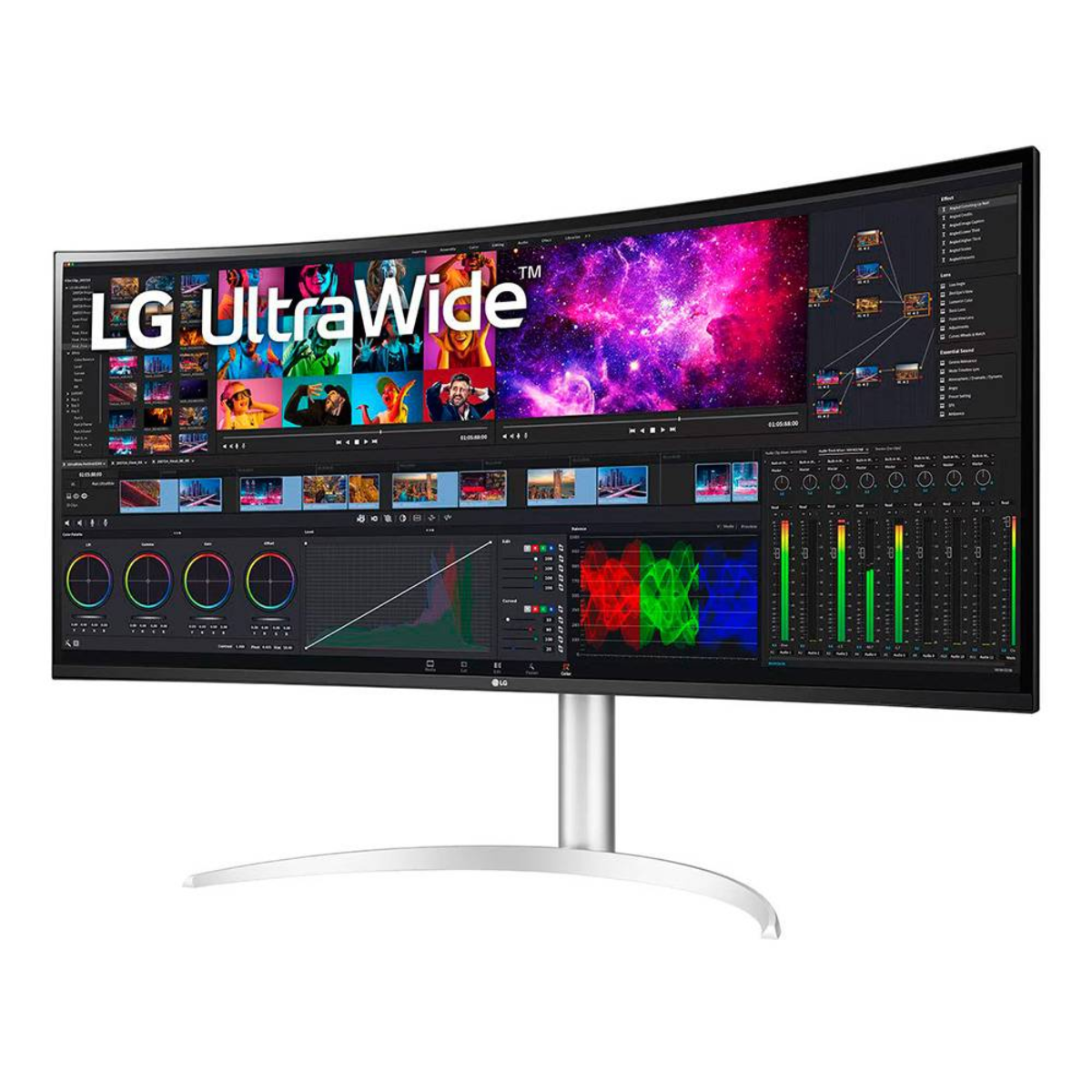 Ein gebogener LG UltraWide-Monitor zeigt eine Videobearbeitungssoftware. Der Bildschirm zeigt eine Video-Timeline, Farbkorrekturwerkzeuge und Audiopegel.
