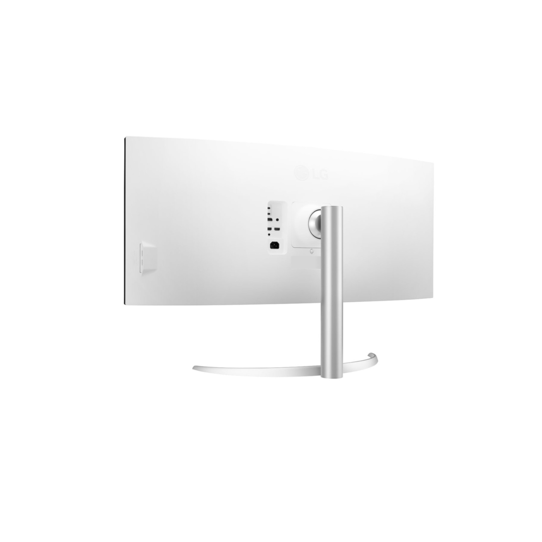 Rückansicht eines weißen LG-Monitors. Er hat einen silbernen Ständer und einen gebogenen Bildschirm. Anschlüsse sind sichtbar.