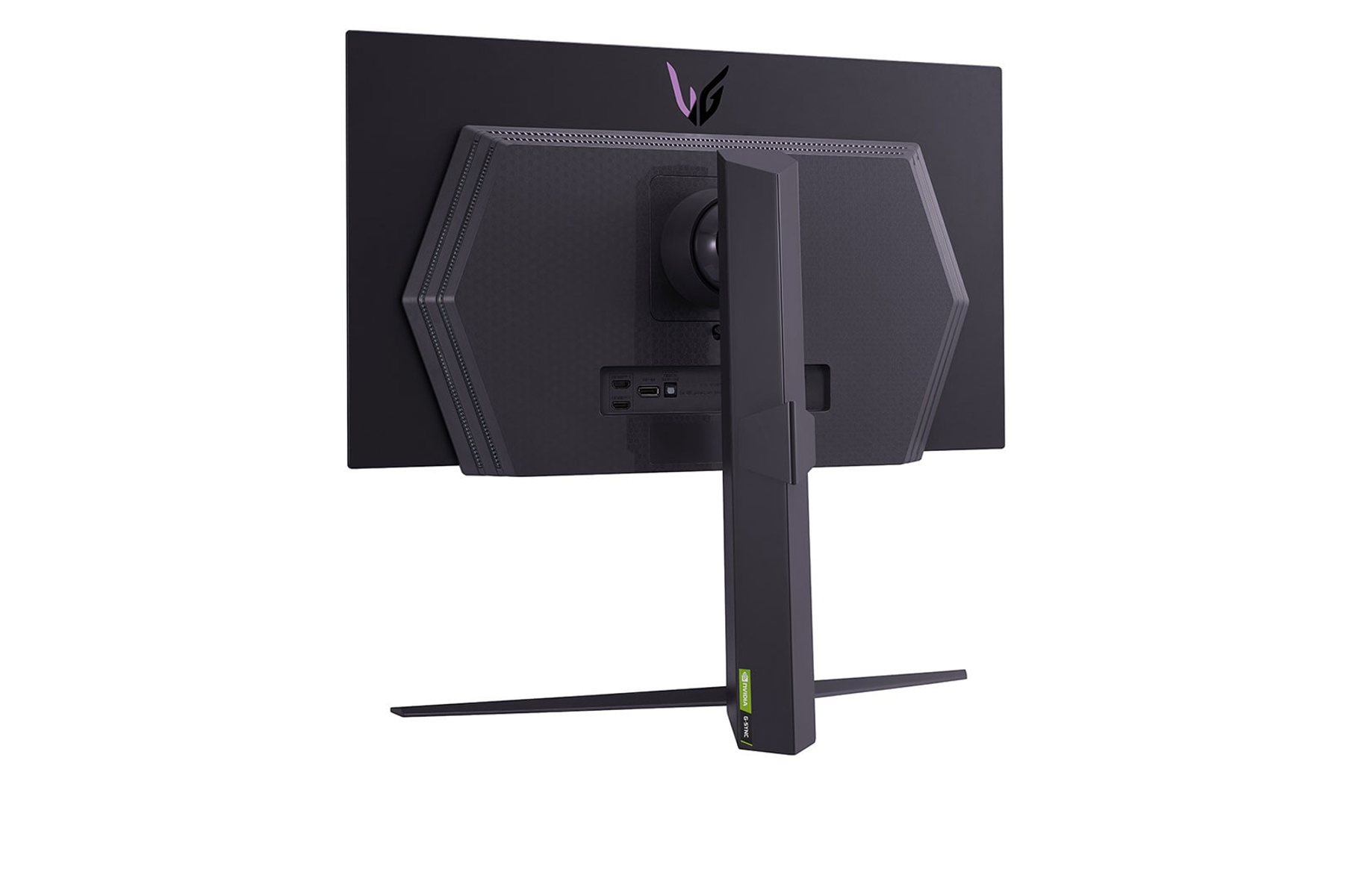 Rückansicht eines schwarzen Computermonitors. Er hat einen Ständer, Anschlüsse und das LG-Logo. NVIDIA G-SYNC ist auf dem Ständer sichtbar.