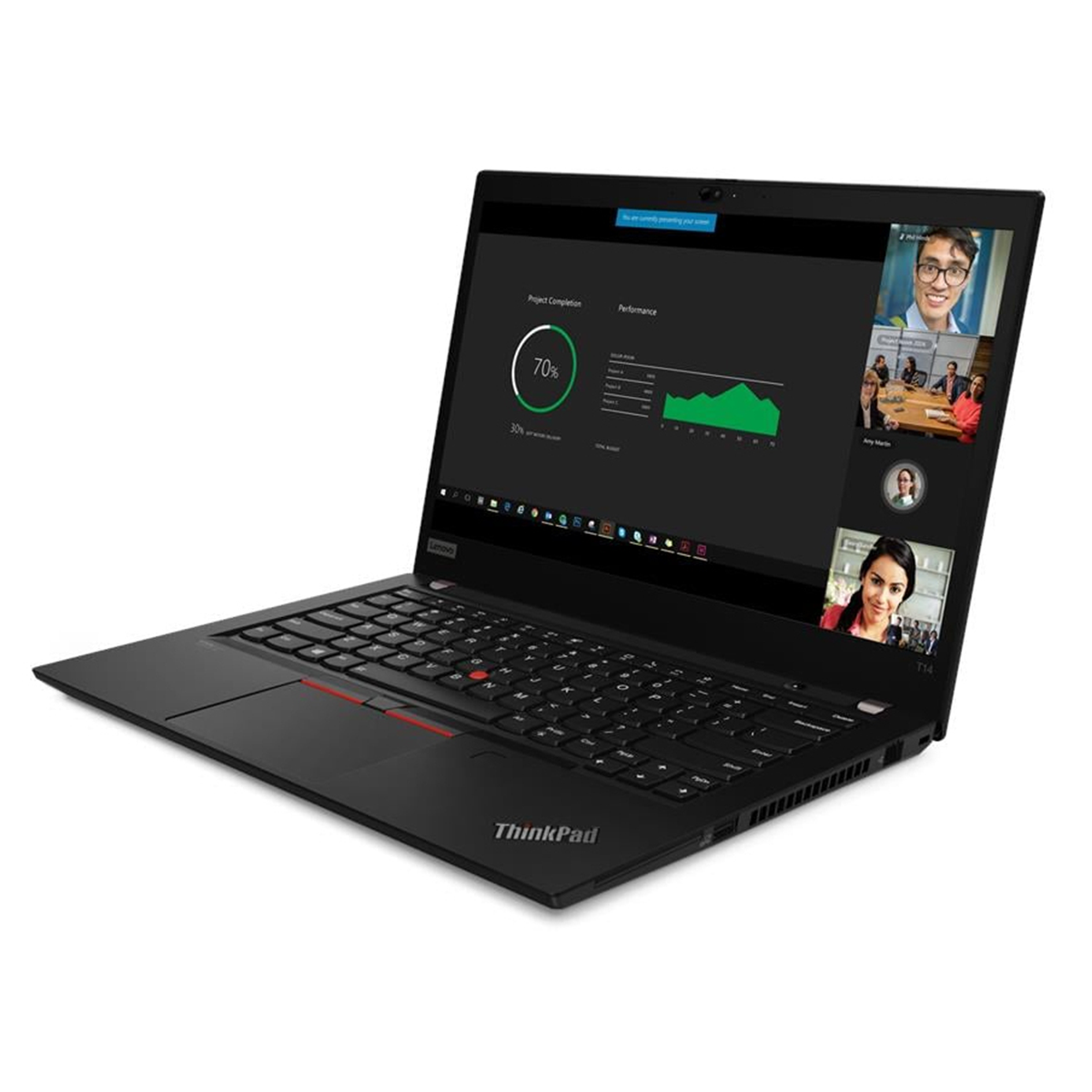 Een zwarte ThinkPad laptop toont een videogesprek. Het scherm toont de voortgang van het project en de deelnemers aan het gesprek.