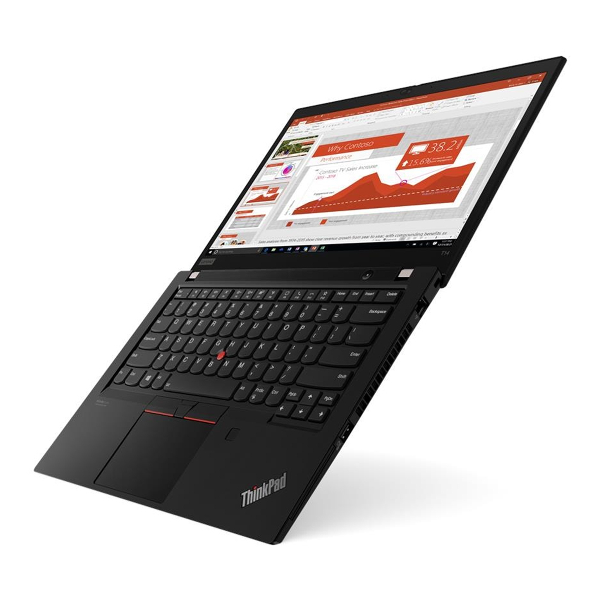 Zwarte ThinkPad-laptop open, met een presentatie met grafieken. Het scherm toont verkoopgegevens. Het toetsenbord is zichtbaar.