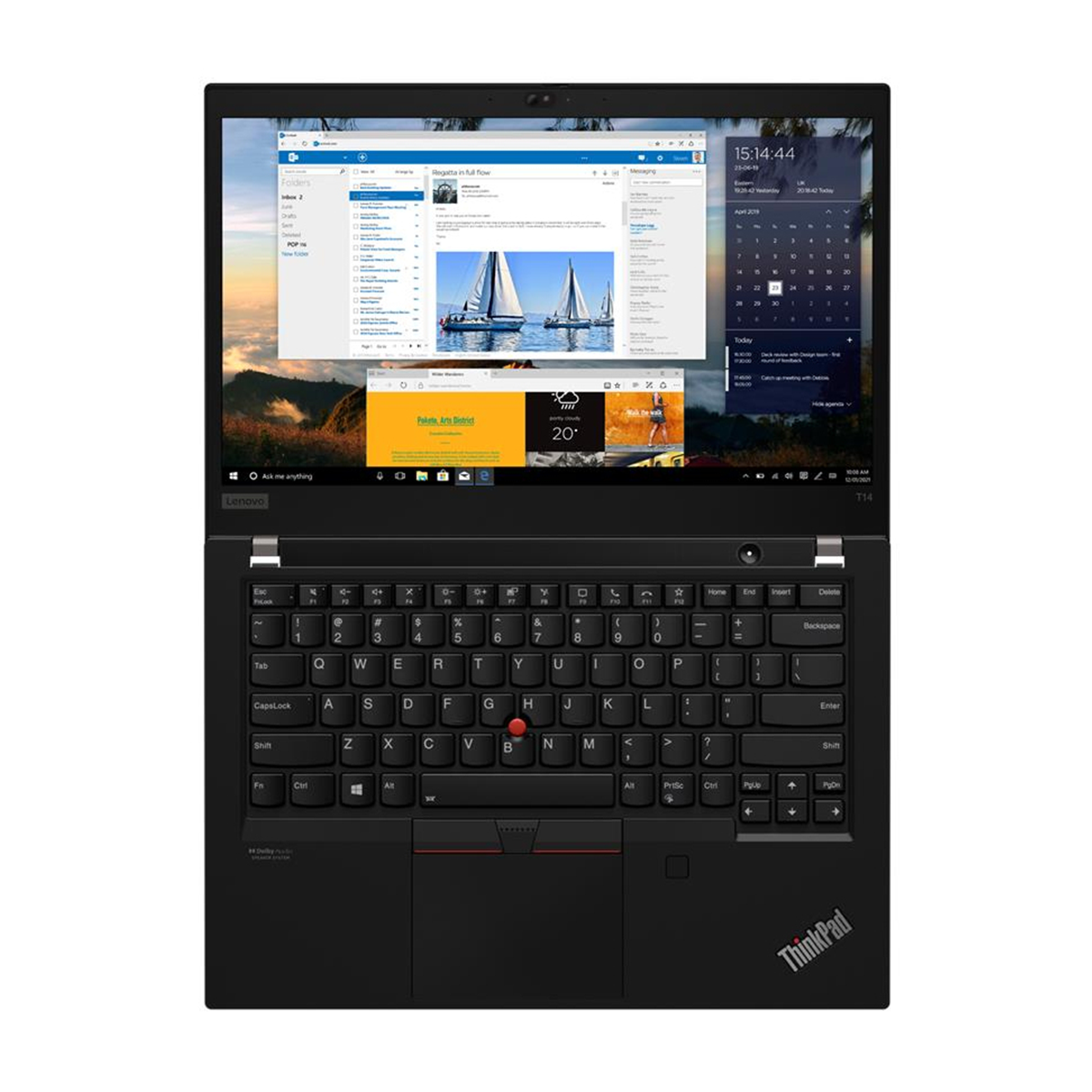 Zwarte Lenovo ThinkPad-laptop open, met meerdere vensters. Agenda en e-mail zijn zichtbaar. Toetsenbord in focus.