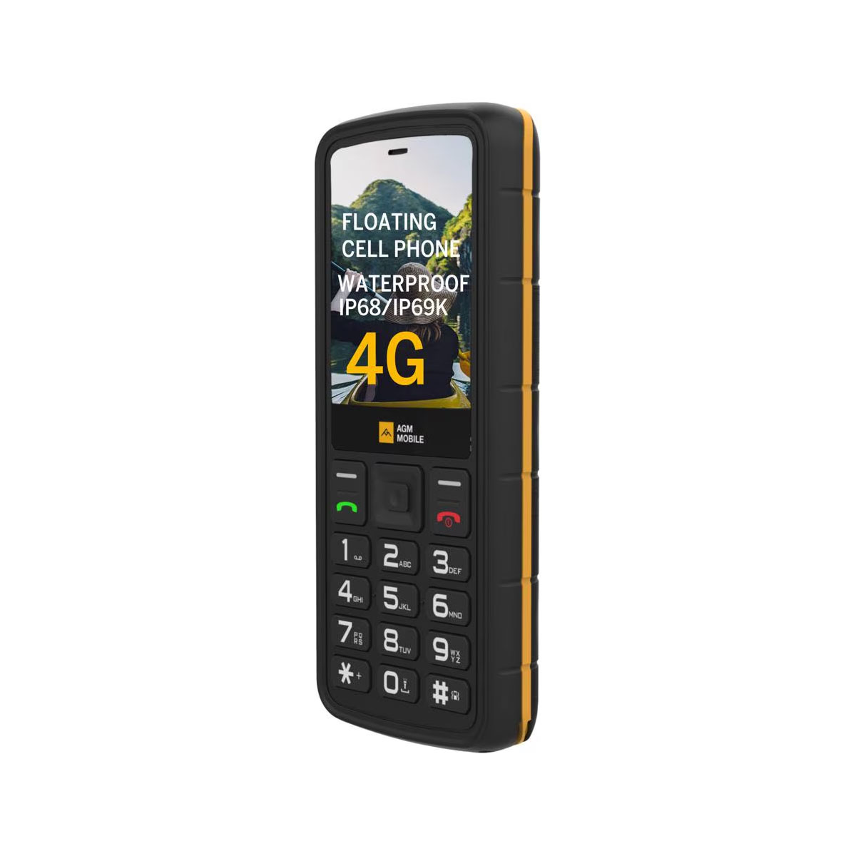 Un teléfono móvil resistente negro y amarillo con una pantalla que muestra texto. Tiene un teclado y un logotipo 4G visible.