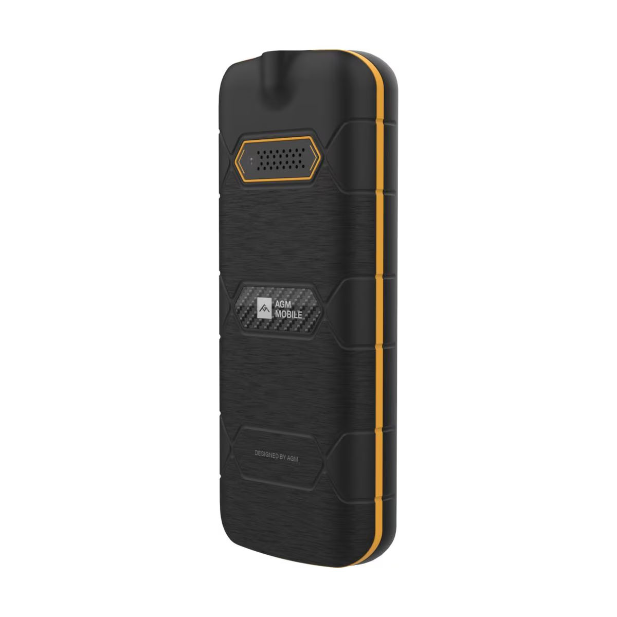 Smartphone negro con detalles amarillos. Con logo AGM Mobile y texto 'DESIGNED BY AGM'. Superficie texturizada, probablemente resistente.