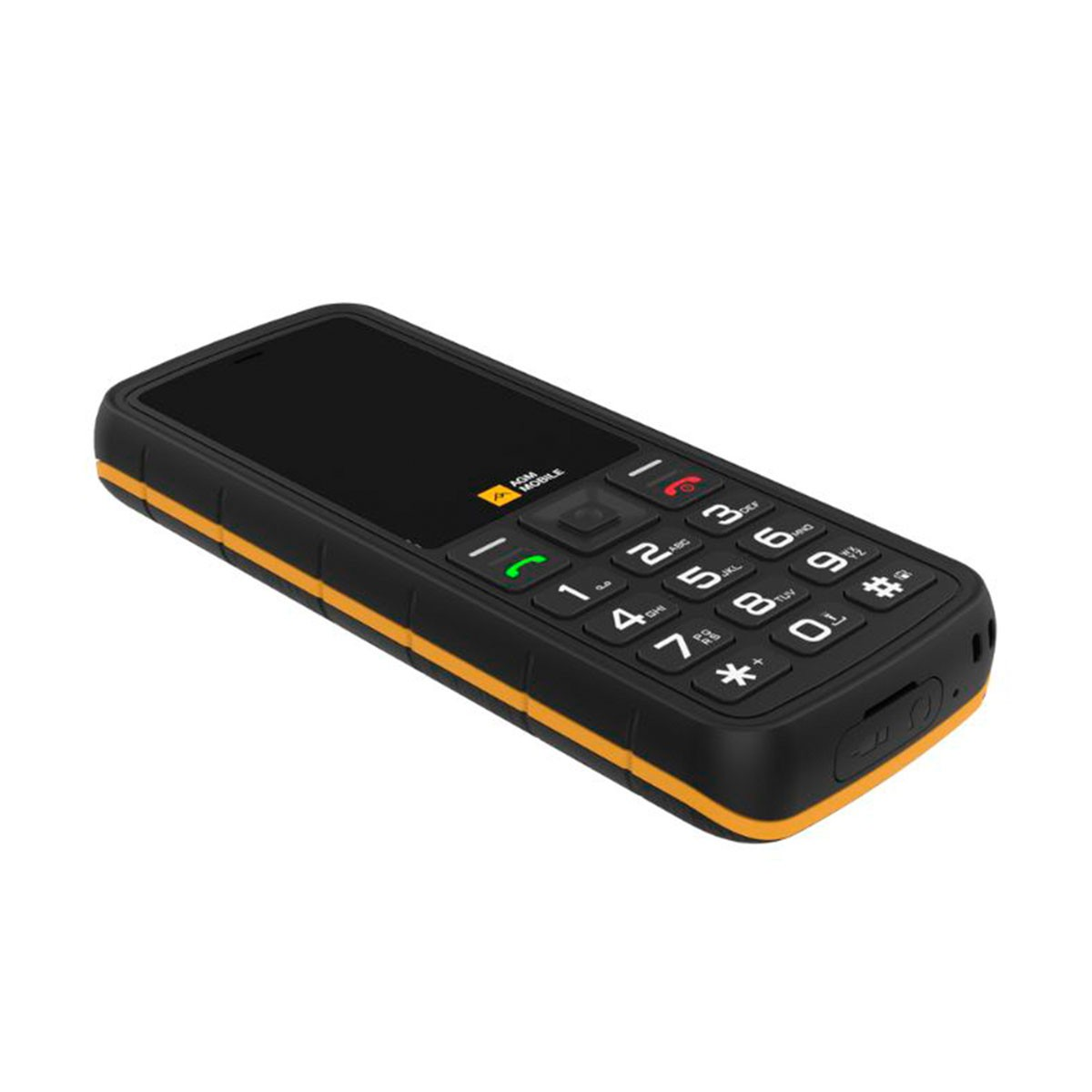 Teléfono móvil negro y naranja. Tiene una pantalla y un teclado numérico. La marca es AGM Mobile.
