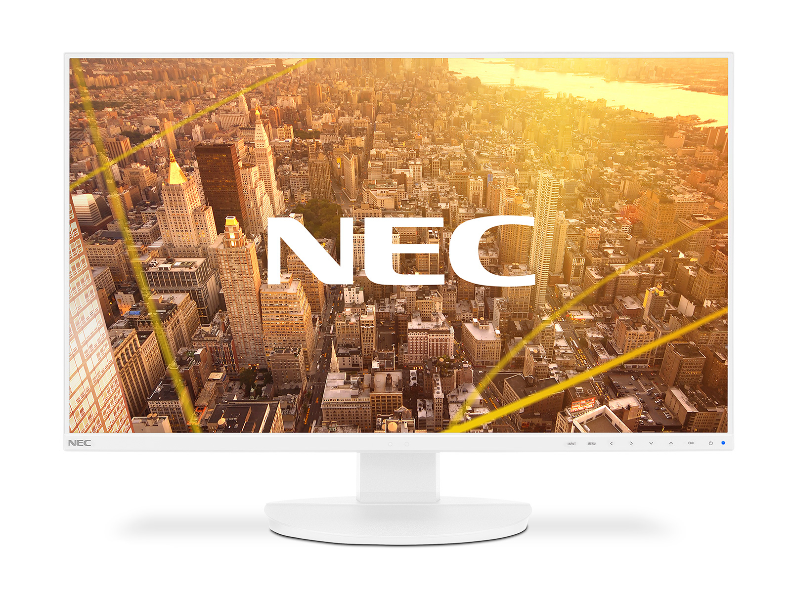 Monitor NEC bianco con skyline. La città ha edifici alti, con la scritta 'NEC' bianca sullo schermo.