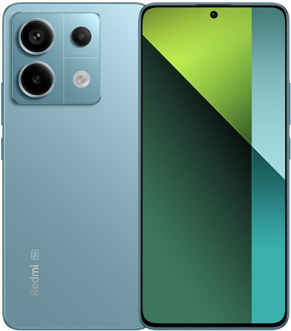 Niebieski smartfon z trzema tylnymi aparatami i przednim aparatem. Ekran wyświetla zielony i ciemnozielony design.