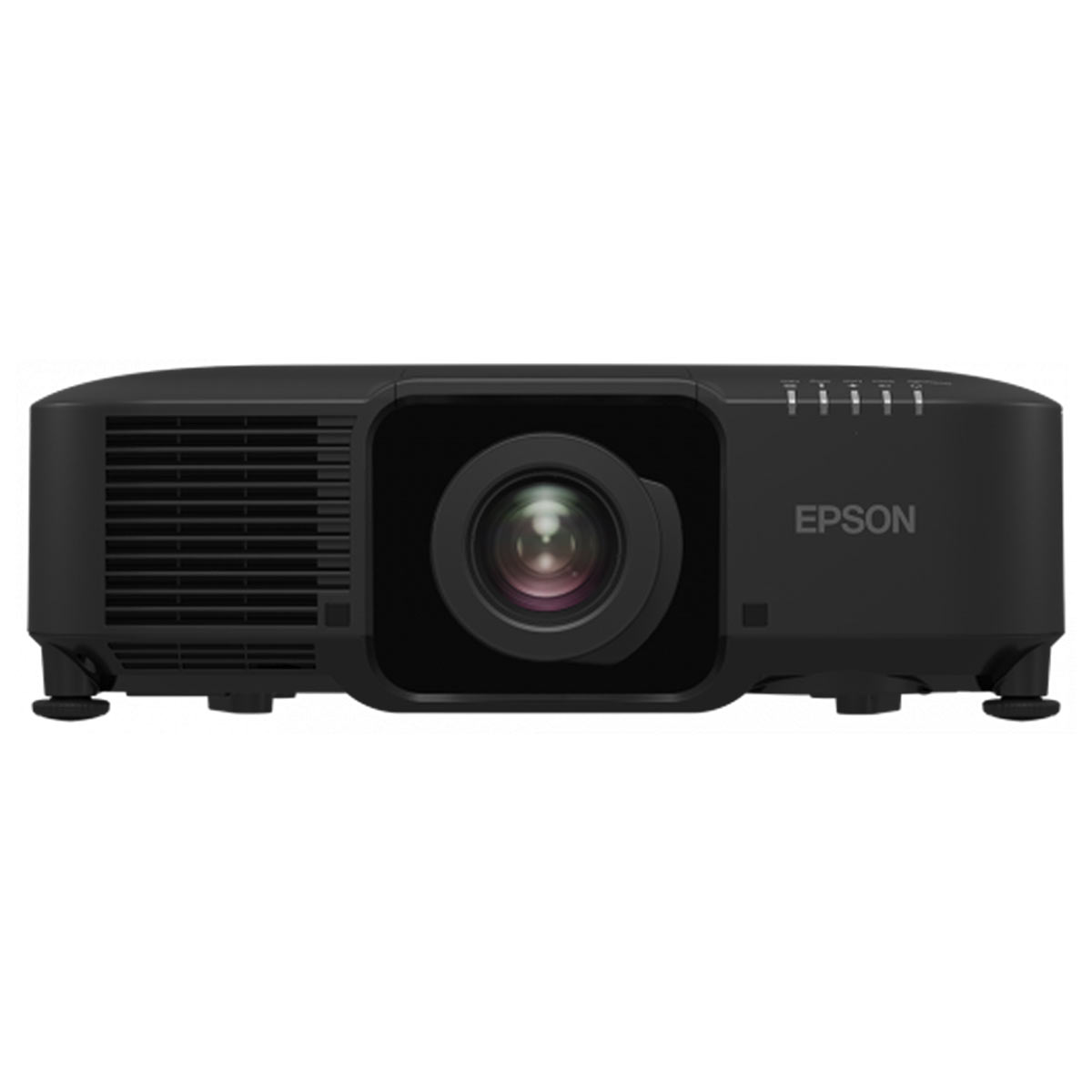 Ein schwarzer Epson-Projektor ist zentriert. Er hat eine Linse, Lüftungsgitter und Kontrollleuchten. Das Epson-Logo ist rechts sichtbar.