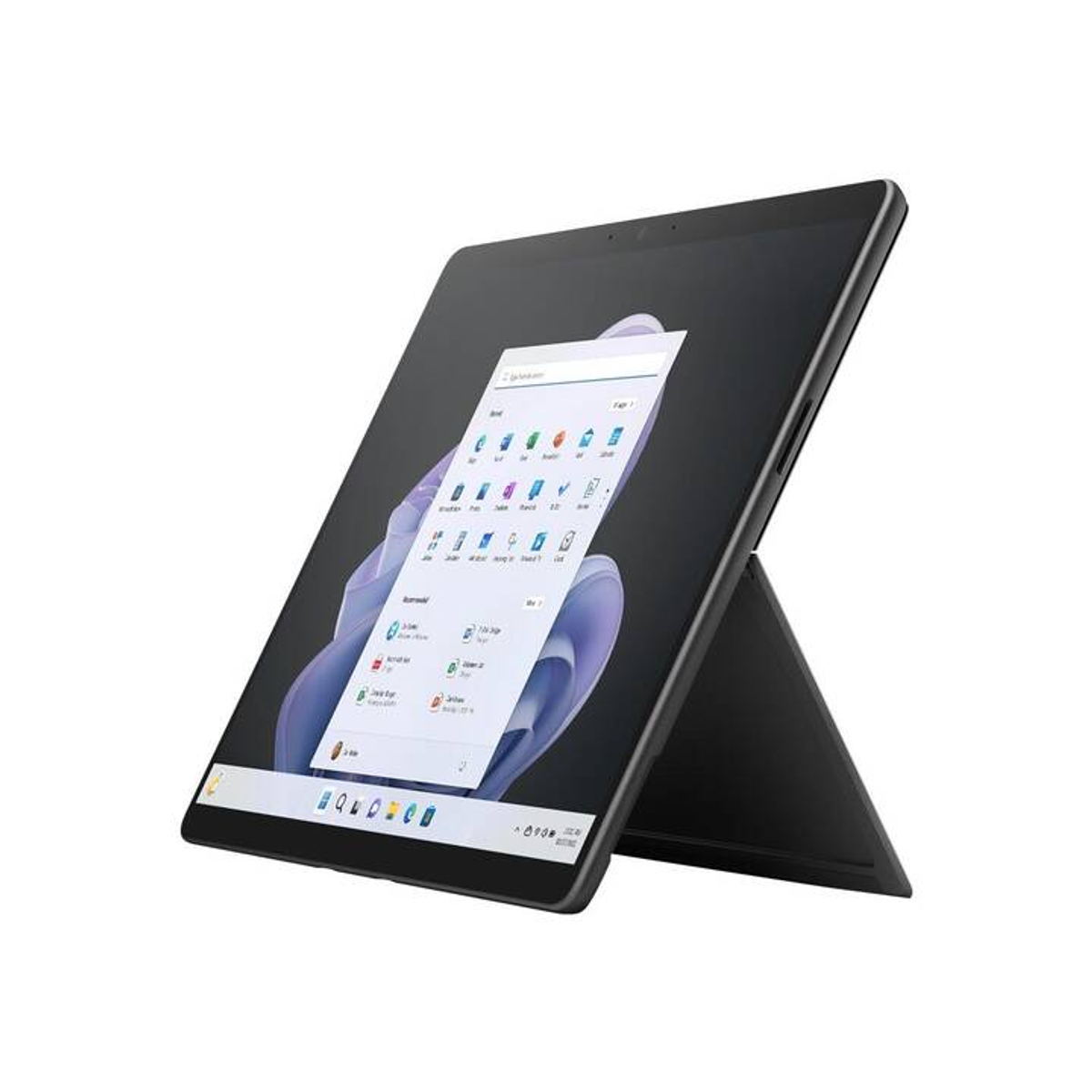 Un tablet nero con un'interfaccia sullo schermo. È appoggiato su un supporto. Lo sfondo è bianco.