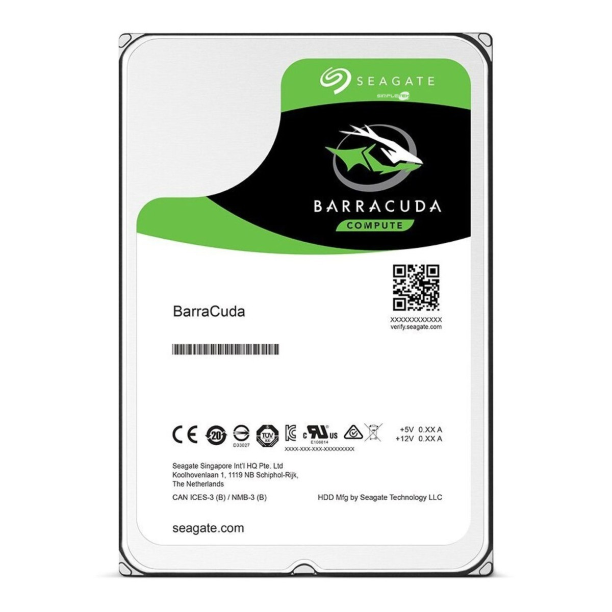 Dysk twardy Seagate Barracuda. Ma zielono-czarną etykietę z logo Seagate i informacjami o produkcie.