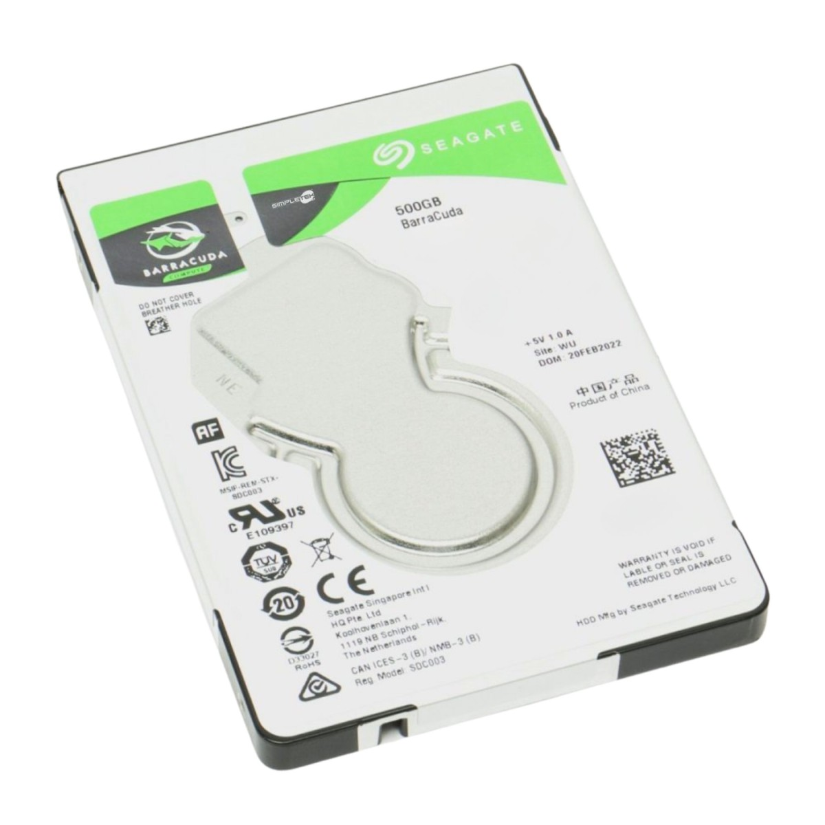 Dysk twardy Seagate Barracuda 500 GB. Ma metalową obudowę i zielone akcenty, z tekstem i logo.