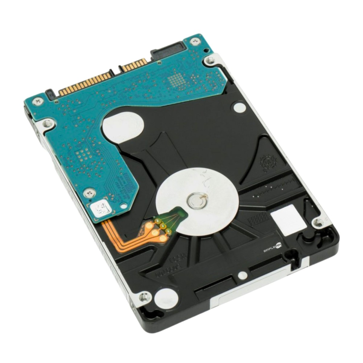 Wewnętrzny dysk twardy. Ma płytkę obwodu, obracający się dysk i czarną obudowę. Tło jest białe.